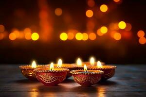 feliz diwali ou deepavali tradicional indiano festival com argila diya óleo lâmpada. indiano hindu festival do luz símbolo com vela e claro. argila diya luminária aceso durante diwali celebração de ai gerado foto