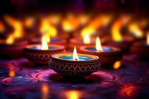 feliz diwali ou deepavali tradicional indiano festival com argila diya óleo lâmpada. indiano hindu festival do luz símbolo com vela e claro. argila diya luminária aceso durante diwali celebração de ai gerado foto