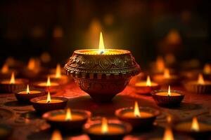 feliz diwali ou deepavali tradicional indiano festival com argila diya óleo lâmpada. indiano hindu festival do luz símbolo com vela e claro. argila diya luminária aceso durante diwali celebração de ai gerado foto