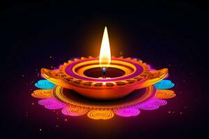 feliz diwali ou deepavali tradicional indiano festival com argila diya óleo lâmpada. indiano hindu festival do luz símbolo com vela e claro. argila diya luminária aceso durante diwali celebração de ai gerado foto