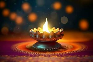 feliz diwali ou deepavali tradicional indiano festival com argila diya óleo lâmpada. indiano hindu festival do luz símbolo com vela e claro. argila diya luminária aceso durante diwali celebração de ai gerado foto