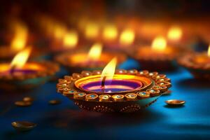 feliz diwali ou deepavali tradicional indiano festival com argila diya óleo lâmpada. indiano hindu festival do luz símbolo com vela e claro. argila diya luminária aceso durante diwali celebração de ai gerado foto