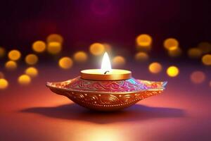 feliz diwali ou deepavali tradicional indiano festival com argila diya óleo lâmpada. indiano hindu festival do luz símbolo com vela e claro. argila diya luminária aceso durante diwali celebração de ai gerado foto