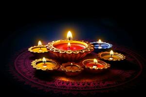 feliz diwali ou deepavali tradicional indiano festival com argila diya óleo lâmpada. indiano hindu festival do luz símbolo com vela e claro. argila diya luminária aceso durante diwali celebração de ai gerado foto