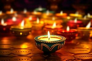 feliz diwali ou deepavali tradicional indiano festival com argila diya óleo lâmpada. indiano hindu festival do luz símbolo com vela e claro. argila diya luminária aceso durante diwali celebração de ai gerado foto