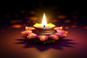 feliz diwali ou deepavali tradicional indiano festival com argila diya óleo lâmpada. indiano hindu festival do luz símbolo com vela e claro. argila diya luminária aceso durante diwali celebração de ai gerado foto