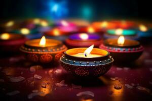 feliz diwali ou deepavali tradicional indiano festival com argila diya óleo lâmpada. indiano hindu festival do luz símbolo com vela e claro. argila diya luminária aceso durante diwali celebração de ai gerado foto