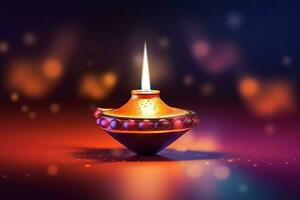 feliz diwali ou deepavali tradicional indiano festival com argila diya óleo lâmpada. indiano hindu festival do luz símbolo com vela e claro. argila diya luminária aceso durante diwali celebração de ai gerado foto