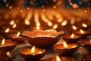 feliz diwali ou deepavali tradicional indiano festival com argila diya óleo lâmpada. indiano hindu festival do luz símbolo com vela e claro. argila diya luminária aceso durante diwali celebração de ai gerado foto