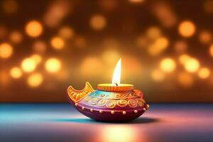 feliz diwali ou deepavali tradicional indiano festival com argila diya óleo lâmpada. indiano hindu festival do luz símbolo com vela e claro. argila diya luminária aceso durante diwali celebração de ai gerado foto