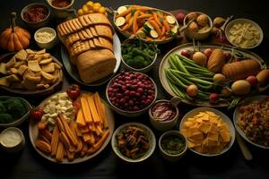 Ação de graças dia ou outono composição com abóbora, laranjas, folhas ou frango. Ação de graças Comida conceito de ai gerado foto