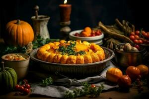 Ação de graças dia ou outono composição com abóbora, laranjas, folhas ou frango. Ação de graças Comida conceito de ai gerado foto