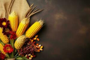 Ação de graças dia ou outono composição com abóbora, laranjas, folhas ou frango. Ação de graças Comida conceito de ai gerado foto