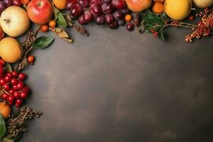 Ação de graças dia ou outono composição com abóbora, laranjas, folhas ou frango. Ação de graças Comida conceito de ai gerado foto