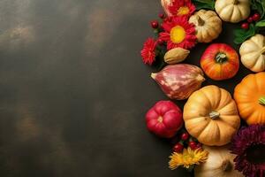 Ação de graças dia ou outono composição com abóbora, laranjas, folhas ou frango. Ação de graças Comida conceito de ai gerado foto