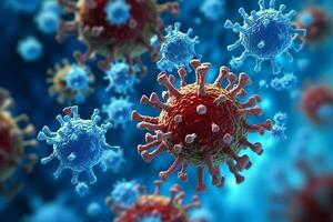 3d render do uma médico com vírus células bactérias. múltiplo realista coronavírus partículas flutuando conceito de ai gerado foto
