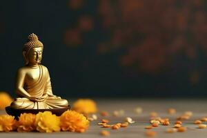 uma Buda senta dentro dentro vesak Buda purnima dia com cópia de espaço. fundo para vesak festival dia conceito. vesak celebração dia saudações conceito de ai gerado foto