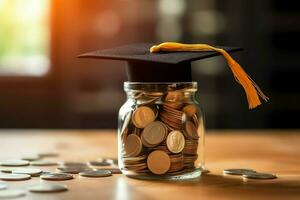 uma vidro garrafa com pilha do moedas dinheiro e uma graduação chapéu em topo. salvando dinheiro e educacional sucesso conceito de ai gerado foto