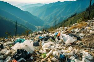 de Meio Ambiente problema plástico lixo ou Lixo dentro a montanha a partir de global aquecimento. poluição conceito de ai gerado foto