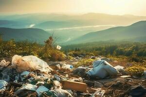 de Meio Ambiente problema plástico lixo ou Lixo dentro a montanha a partir de global aquecimento. poluição conceito de ai gerado foto