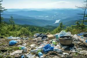 de Meio Ambiente problema plástico lixo ou Lixo dentro a montanha a partir de global aquecimento. poluição conceito de ai gerado foto