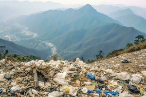 de Meio Ambiente problema plástico lixo ou Lixo dentro a montanha a partir de global aquecimento. poluição conceito de ai gerado foto