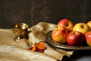 tradicional Comida do judaico Novo ano feriado do tradição ou religião. rosh Hashaná com cópia de espaço conceito de ai gerado foto