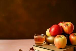 tradicional Comida do judaico Novo ano feriado do tradição ou religião. rosh Hashaná com cópia de espaço conceito de ai gerado foto