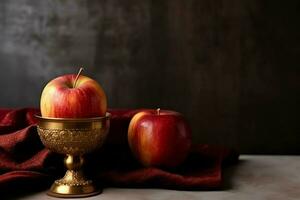 tradicional Comida do judaico Novo ano feriado do tradição ou religião. rosh Hashaná com cópia de espaço conceito de ai gerado foto