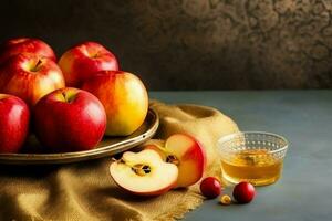 tradicional Comida do judaico Novo ano feriado do tradição ou religião. rosh Hashaná com cópia de espaço conceito de ai gerado foto