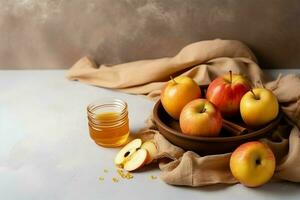 tradicional Comida do judaico Novo ano feriado do tradição ou religião. rosh Hashaná com cópia de espaço conceito de ai gerado foto