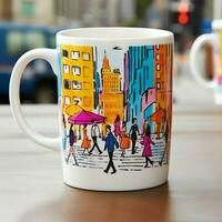 uma caneca com uma rabisco mão desenhado Novo Iorque ou verão Projeto em isto. caneca brincar e mão desenhado rabisco conceito de ai gerado foto