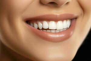 perfeito saudável dentes sorrir do uma jovem mulher às uma dentista. dentes branqueamento. dental Cuidado, estomatologia conceito de ai gerado foto