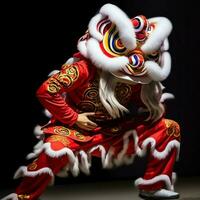 Dragão ou leão dança mostrar Barongsai dentro celebração chinês lunar Novo ano festival. ásia tradicional conceito de ai gerado foto