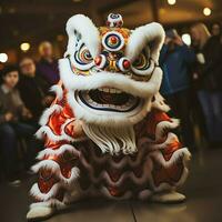 Dragão ou leão dança mostrar Barongsai dentro celebração chinês lunar Novo ano festival. ásia tradicional conceito de ai gerado foto