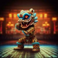 Dragão ou leão dança mostrar Barongsai dentro celebração chinês lunar Novo ano festival. ásia tradicional conceito de ai gerado foto