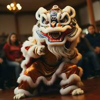 Dragão ou leão dança mostrar Barongsai dentro celebração chinês lunar Novo ano festival. ásia tradicional conceito de ai gerado foto