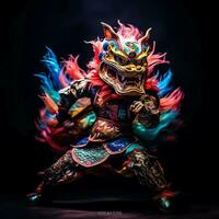 Dragão ou leão dança mostrar Barongsai dentro celebração chinês lunar Novo ano festival. ásia tradicional conceito de ai gerado foto