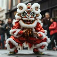 Dragão ou leão dança mostrar Barongsai dentro celebração chinês lunar Novo ano festival. ásia tradicional conceito de ai gerado foto