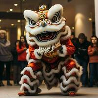 Dragão ou leão dança mostrar Barongsai dentro celebração chinês lunar Novo ano festival. ásia tradicional conceito de ai gerado foto