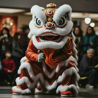 Dragão ou leão dança mostrar Barongsai dentro celebração chinês lunar Novo ano festival. ásia tradicional conceito de ai gerado foto