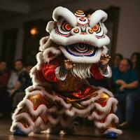 Dragão ou leão dança mostrar Barongsai dentro celebração chinês lunar Novo ano festival. ásia tradicional conceito de ai gerado foto