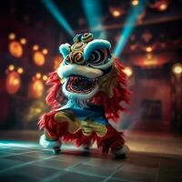 Dragão ou leão dança mostrar Barongsai dentro celebração chinês lunar Novo ano festival. ásia tradicional conceito de ai gerado foto