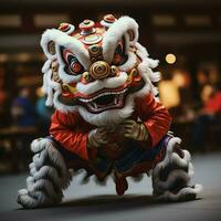 Dragão ou leão dança mostrar Barongsai dentro celebração chinês lunar Novo ano festival. ásia tradicional conceito de ai gerado foto