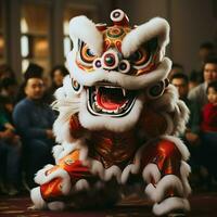 Dragão ou leão dança mostrar Barongsai dentro celebração chinês lunar Novo ano festival. ásia tradicional conceito de ai gerado foto