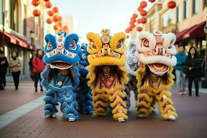 Dragão ou leão dança mostrar Barongsai dentro celebração chinês lunar Novo ano festival. ásia tradicional conceito de ai gerado foto