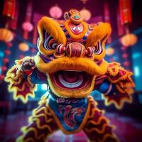 Dragão ou leão dança mostrar Barongsai dentro celebração chinês lunar Novo ano festival. ásia tradicional conceito de ai gerado foto