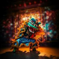 Dragão ou leão dança mostrar Barongsai dentro celebração chinês lunar Novo ano festival. ásia tradicional conceito de ai gerado foto