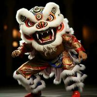 Dragão ou leão dança mostrar Barongsai dentro celebração chinês lunar Novo ano festival. ásia tradicional conceito de ai gerado foto