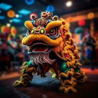 Dragão ou leão dança mostrar Barongsai dentro celebração chinês lunar Novo ano festival. ásia tradicional conceito de ai gerado foto